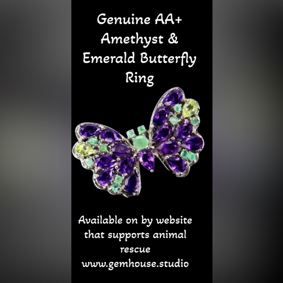 Butterfly Ring, AA+ Amethyst & Genuine Emeralds - Picture 2 of 2